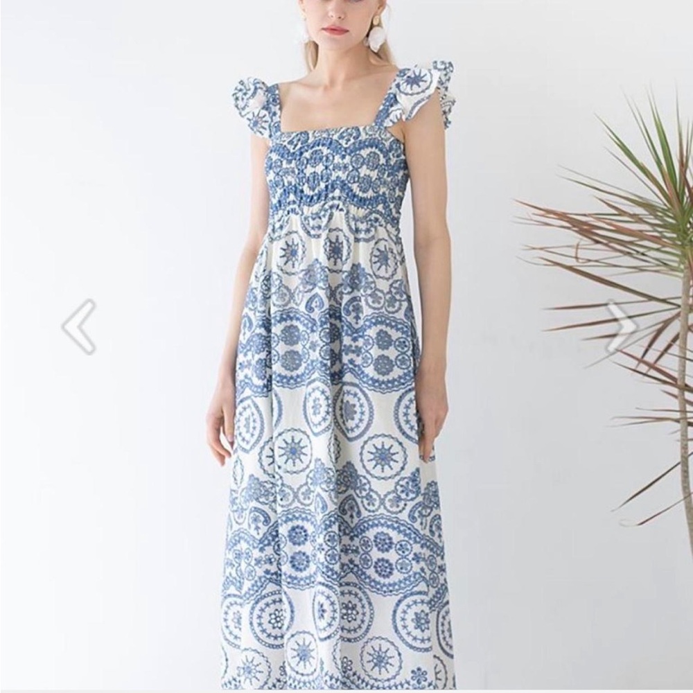 Blue and White Embroidered Maxi Dress